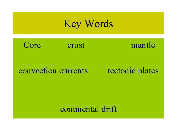 Key Words Core crust convection currents mantle tectonic plates continental drift 