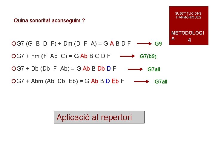 SUBSTITUCIONS HARMÒNIQUES Quina sonoritat aconseguim ? ¡G 7 (G B D F) + Dm