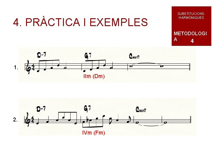 4. PRÀCTICA I EXEMPLES SUBSTITUCIONS HARMÒNIQUES METODOLOGI A 4 1. IIm (Dm) 2. IVm