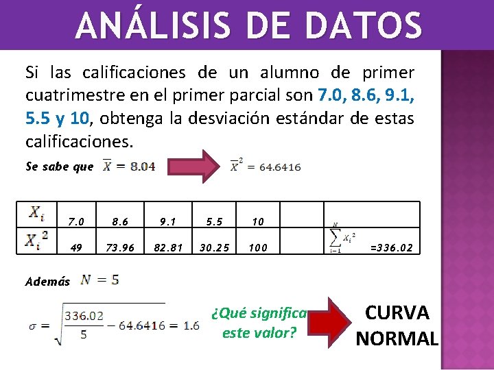 ANÁLISIS DE DATOS Si las calificaciones de un alumno de primer cuatrimestre en el