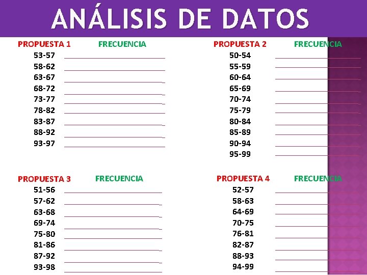 ANÁLISIS DE DATOS PROPUESTA 1 53 -57 58 -62 63 -67 68 -72 73