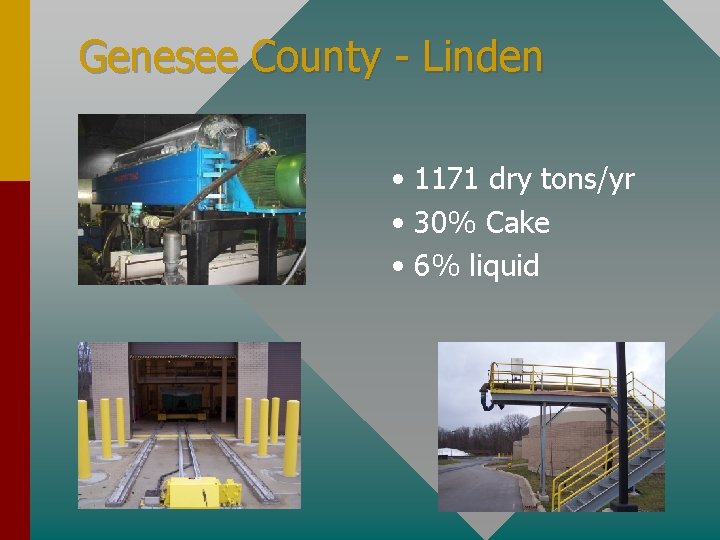 Genesee County - Linden • 1171 dry tons/yr • 30% Cake • 6% liquid