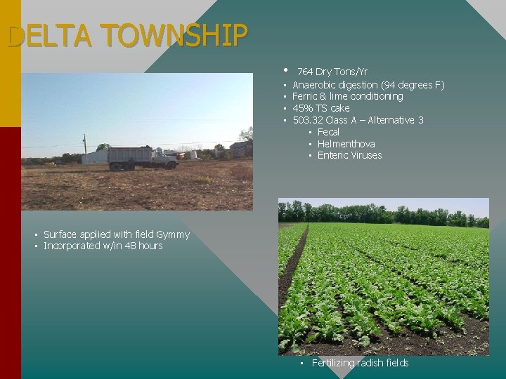 DELTA TOWNSHIP • • • 764 Dry Tons/Yr Anaerobic digestion (94 degrees F) Ferric