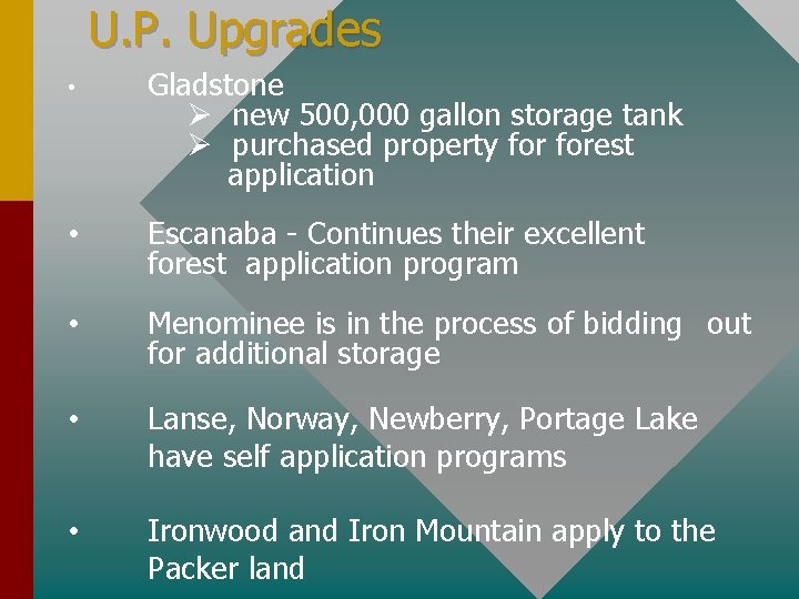 U. P. Upgrades • Gladstone Ø new 500, 000 gallon storage tank Ø purchased