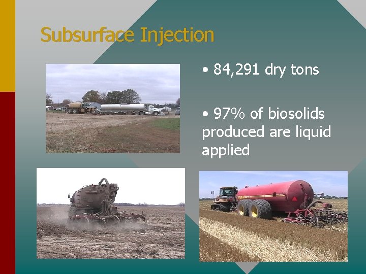 Subsurface Injection • 84, 291 dry tons • 97% of biosolids produced are liquid