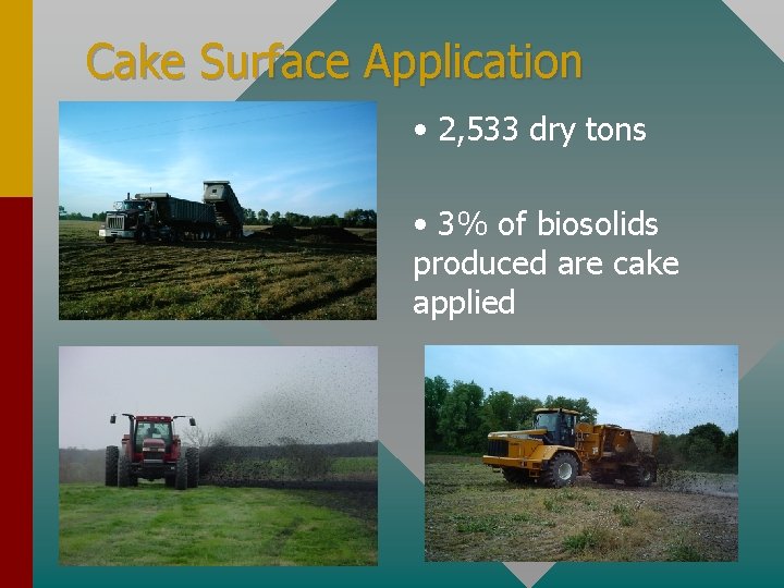 Cake Surface Application • 2, 533 dry tons • 3% of biosolids produced are