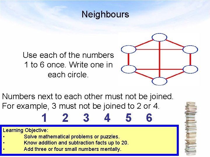 Neighbours Use each of the numbers 1 to 6 once. Write one in each