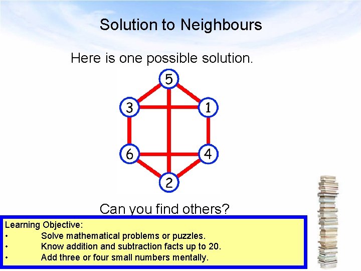 Solution to Neighbours Here is one possible solution. Can you find others? Learning Objective: