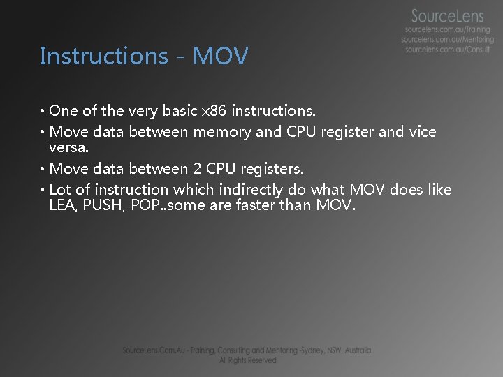 Instructions - MOV • One of the very basic x 86 instructions. • Move Instructions - MOV • One of the very basic x 86 instructions. • Move