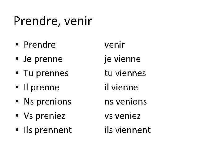 Prendre, venir • • Prendre Je prenne Tu prennes Il prenne Ns prenions Vs