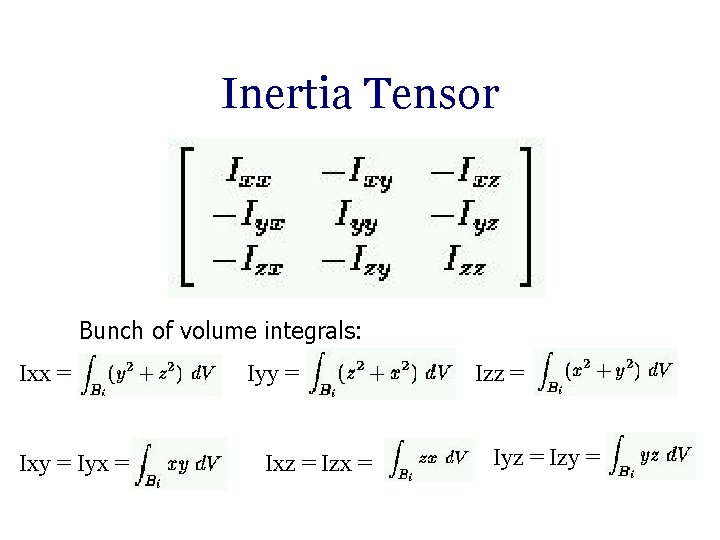 Inertia Tensor Bunch of volume integrals: Ixx = Ixy = Iyx = Iyy =