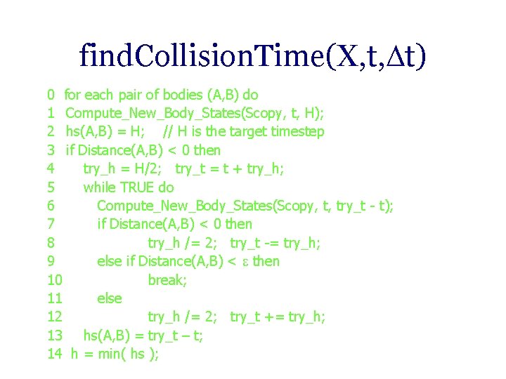 find. Collision. Time(X, t, t) 0 for each pair of bodies (A, B) do