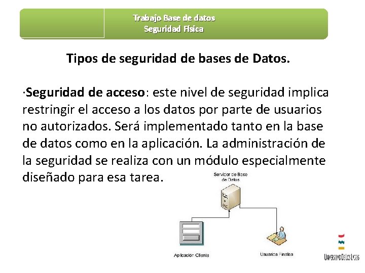 Trabajo Base de datos Seguridad Física Tipos de seguridad de bases de Datos. ·Seguridad