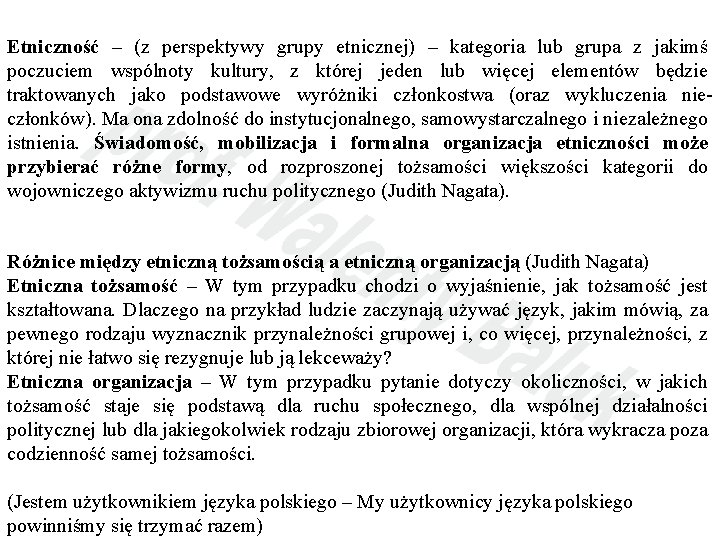 Etniczność – (z perspektywy grupy etnicznej) – kategoria lub grupa z jakimś poczuciem wspólnoty