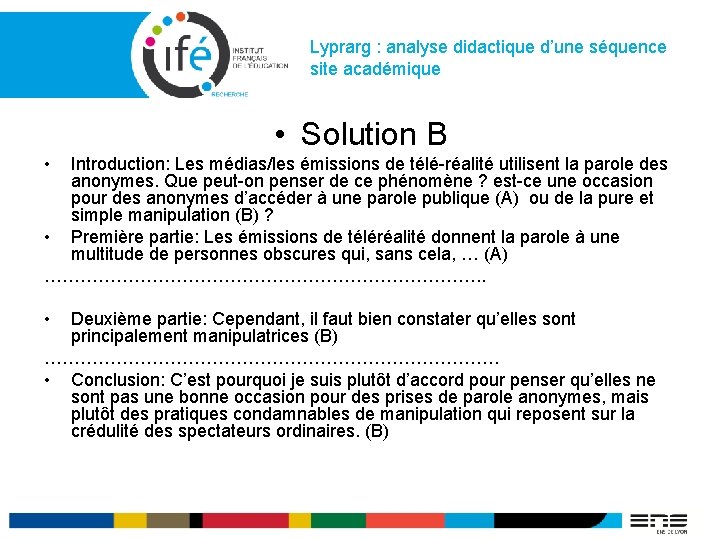 Lyprarg : analyse didactique d’une séquence site académique • Solution B • Introduction: Les