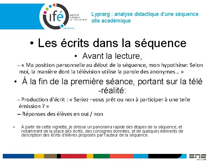 Lyprarg : analyse didactique d’une séquence site académique • Les écrits dans la séquence