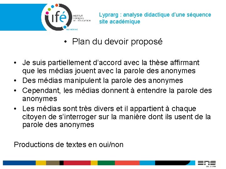 Lyprarg : analyse didactique d’une séquence site académique • Plan du devoir proposé •