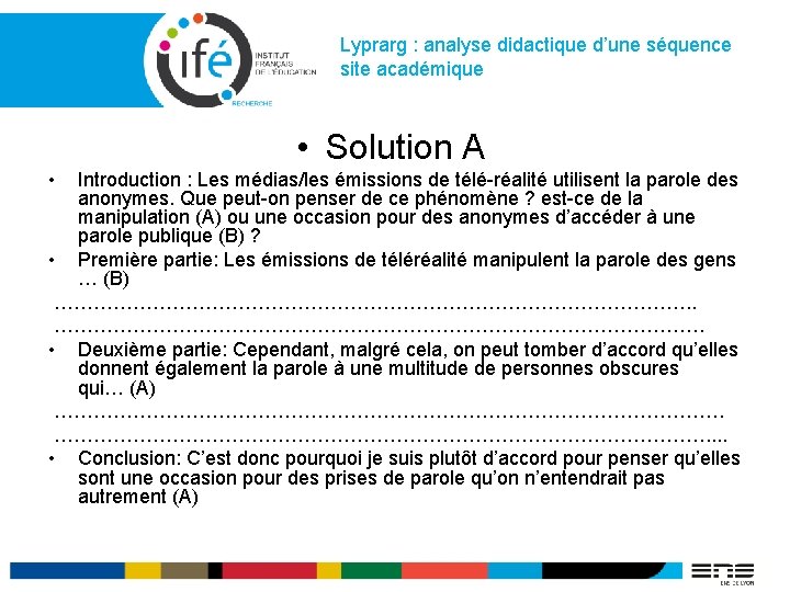 Lyprarg : analyse didactique d’une séquence site académique • Solution A • Introduction :