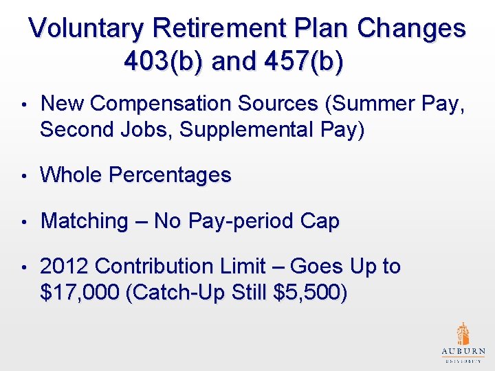 Voluntary Retirement Plan Changes 403(b) and 457(b) • New Compensation Sources (Summer Pay, Second