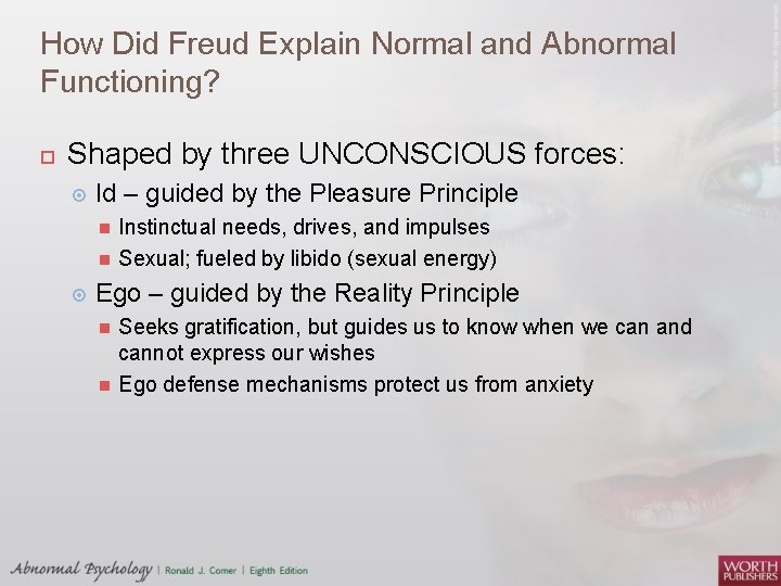 How Did Freud Explain Normal and Abnormal Functioning? Shaped by three UNCONSCIOUS forces: Id