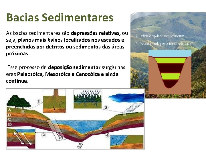 Bacias Sedimentares As bacias sedimentares são depressões relativas, ou seja, planos mais baixos localizados