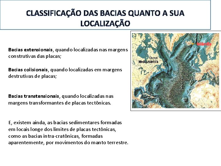 CLASSIFICAÇÃO DAS BACIAS QUANTO A SUA LOCALIZAÇÃO Bacias extensionais, quando localizadas nas margens construtivas