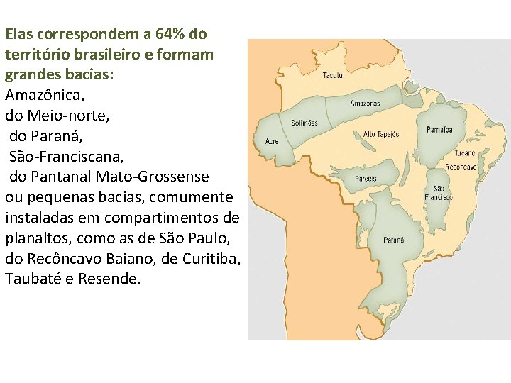 Elas correspondem a 64% do território brasileiro e formam grandes bacias: Amazônica, do Meio-norte, Elas correspondem a 64% do território brasileiro e formam grandes bacias: Amazônica, do Meio-norte,