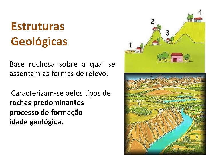 Estruturas Geológicas Base rochosa sobre a qual se assentam as formas de relevo. Caracterizam-se