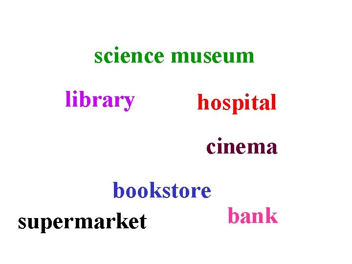 science museum library hospital cinema bookstore bank supermarket 