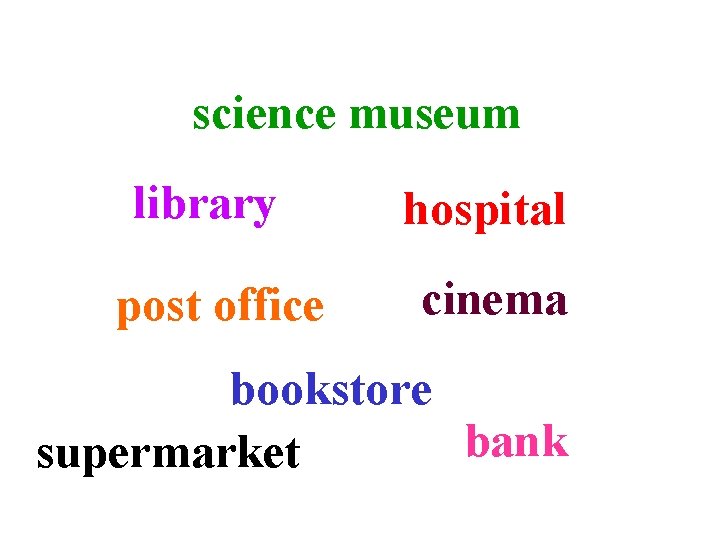 science museum library post office hospital cinema bookstore bank supermarket 