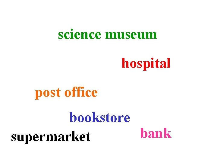 science museum hospital post office bookstore bank supermarket 