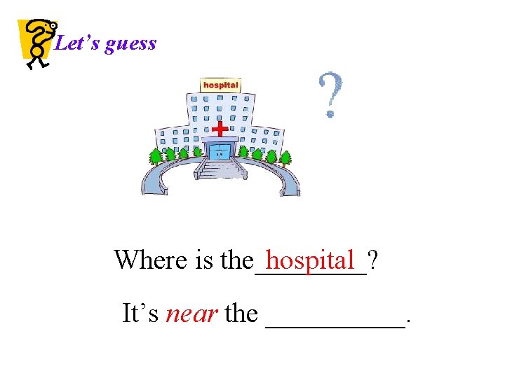 Let’s guess Where is the____? hospital It’s near the _____. 