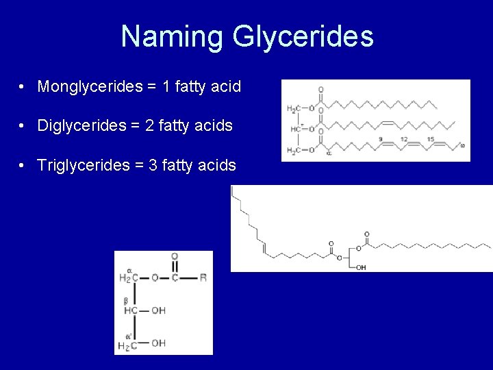 Naming Glycerides • Monglycerides = 1 fatty acid • Diglycerides = 2 fatty acids