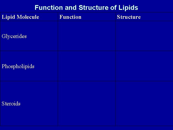 Function and Structure of Lipids Lipid Molecule Glycerides Phospholipids Steroids Function Structure 