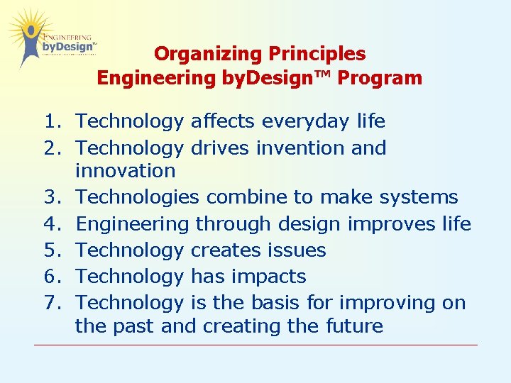 Organizing Principles Engineering by. Design™ Program 1. Technology affects everyday life 2. Technology drives