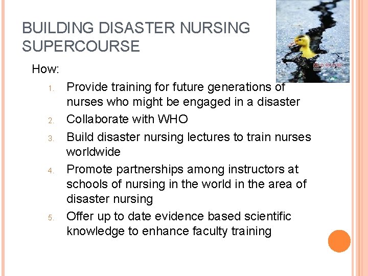 BUILDING DISASTER NURSING SUPERCOURSE How: 1. 2. 3. 4. 5. Provide training for future