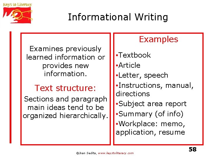 Informational Writing Examples Examines previously learned information or provides new information. Text structure: Sections