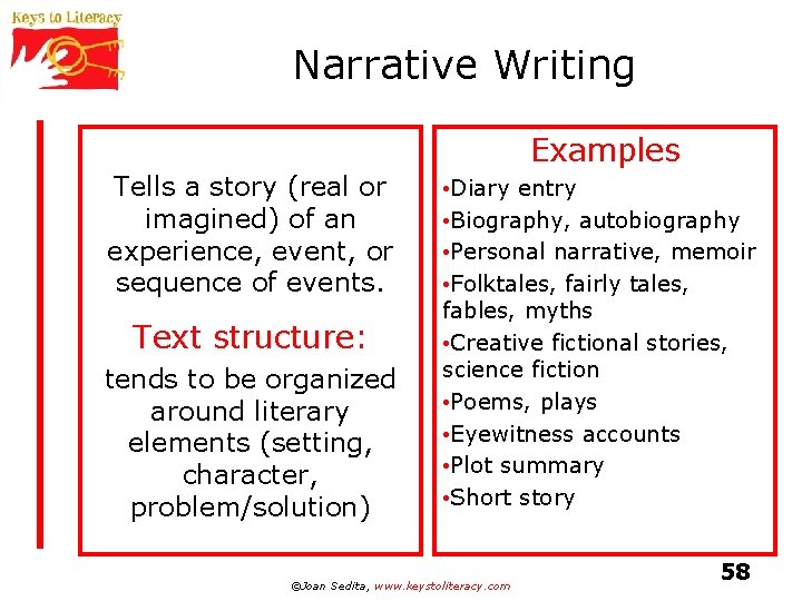 Narrative Writing Examples Tells a story (real or imagined) of an experience, event, or