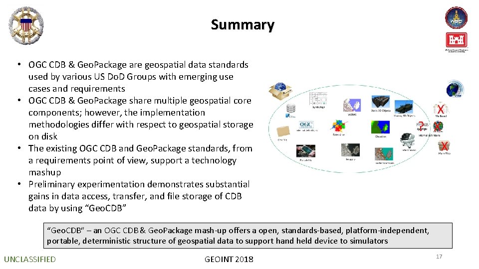 Summary • OGC CDB & Geo. Package are geospatial data standards used by various