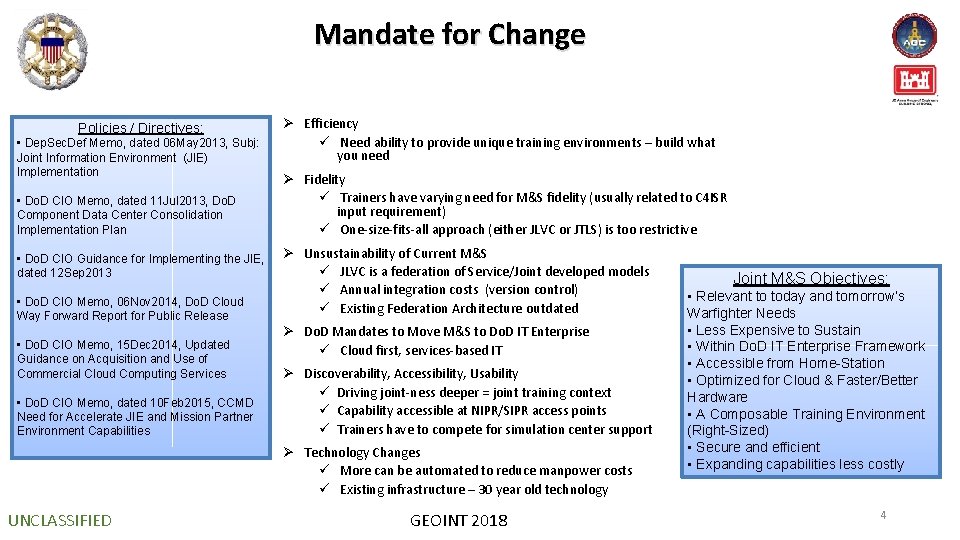 Mandate for Change Policies / Directives: • Dep. Sec. Def Memo, dated 06 May