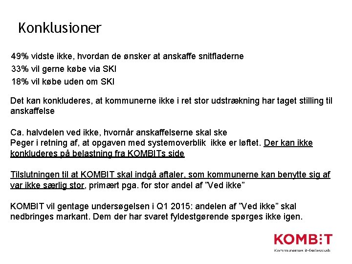Konklusioner 49% vidste ikke, hvordan de ønsker at anskaffe snitfladerne 33% vil gerne købe