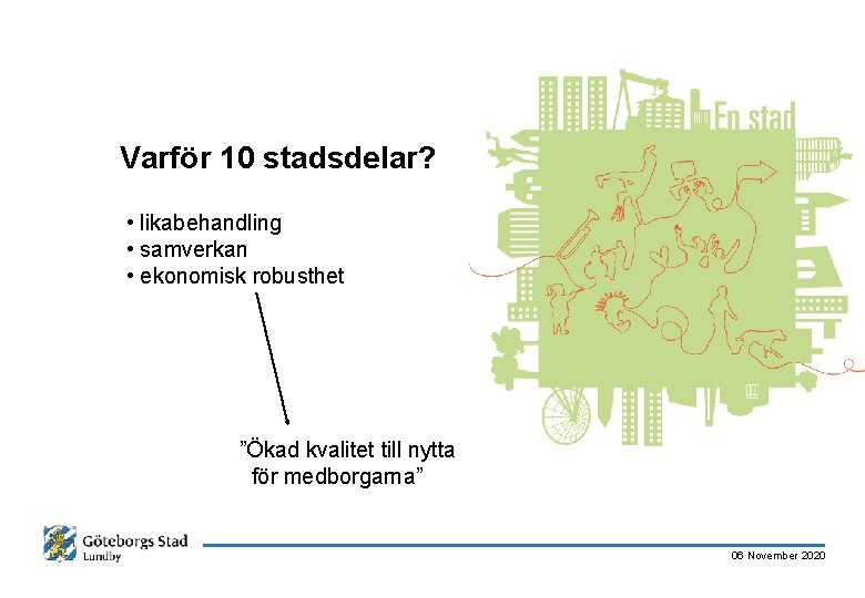 Varför 10 stadsdelar? • likabehandling • samverkan • ekonomisk robusthet ”Ökad kvalitet till nytta