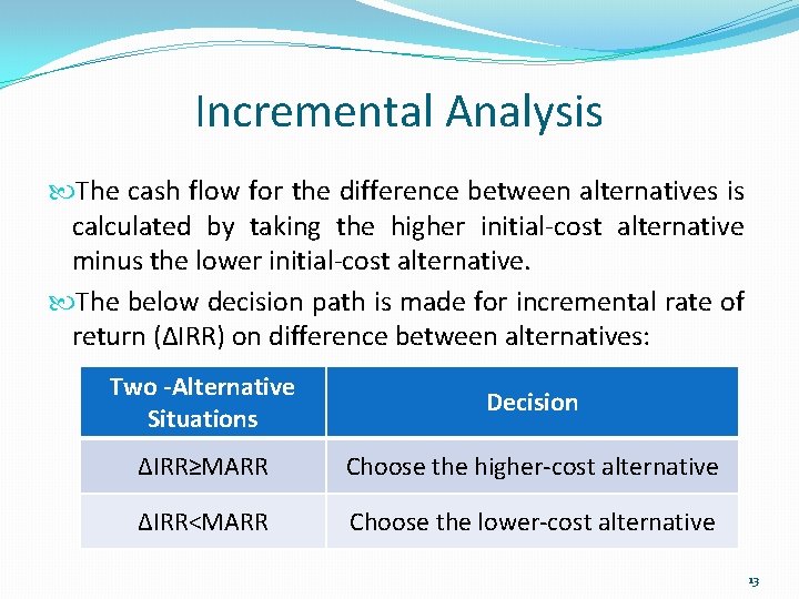 Incremental Analysis The cash flow for the difference between alternatives is calculated by taking