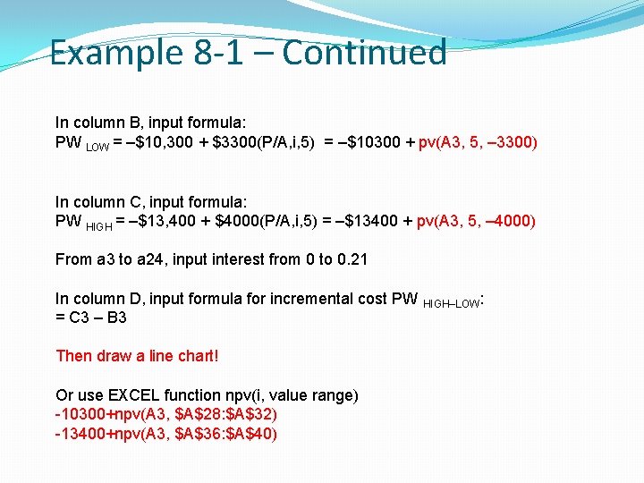 Example 8 -1 – Continued In column B, input formula: PW LOW = –$10,