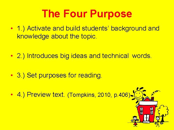 The Four Purpose • 1. ) Activate and build students’ background and knowledge about