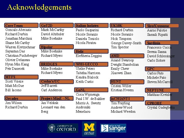 Acknowledgements Core Team Goncalo Abecasis Richard Durbin Jonathan Marchini Shane Mc. Carthy Warren Kretzschmar