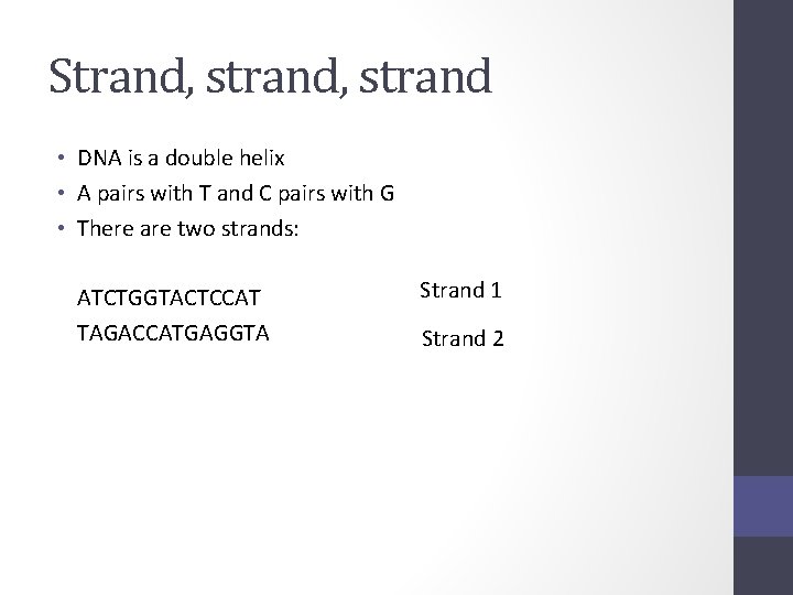 Strand, strand • DNA is a double helix • A pairs with T and