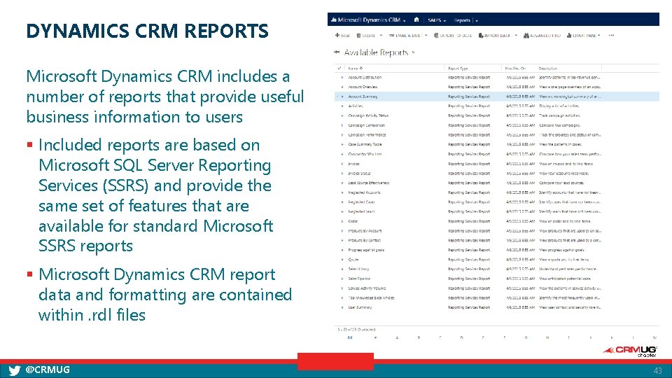 DYNAMICS CRM REPORTS Microsoft Dynamics CRM includes a number of reports that provide useful