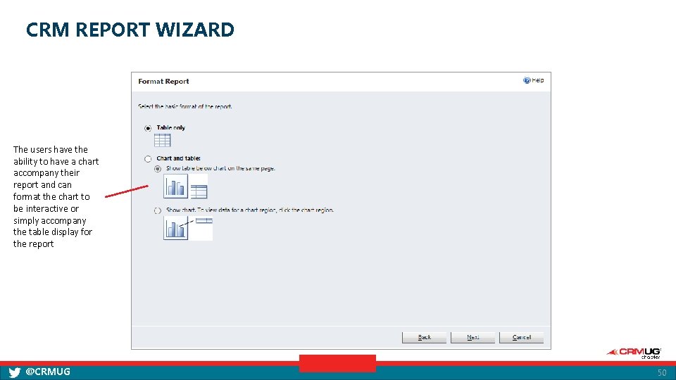 CRM REPORT WIZARD The users have the ability to have a chart accompany their