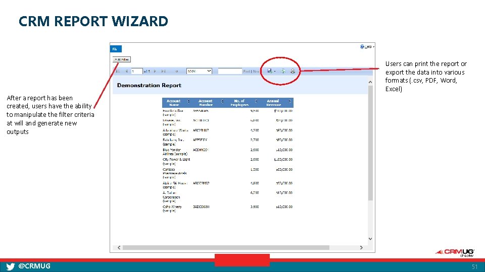 CRM REPORT WIZARD Users can print the report or export the data into various